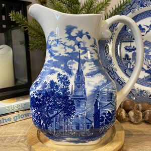 Vintage NEW Liberty Blue Staffordshire OLD NORTH CHURCH 8" Pitcher NEVER USED